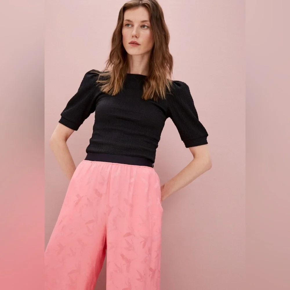 MAJE Pink Bubblegum Pala Satin-Jacquard Wide-Leg Pants. Size 36 - Picture 8 of 16